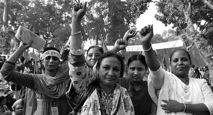 Bangladeshi garment workers who have unionised their factory at NGWF demonstration. Picture: Tansy Hoskins