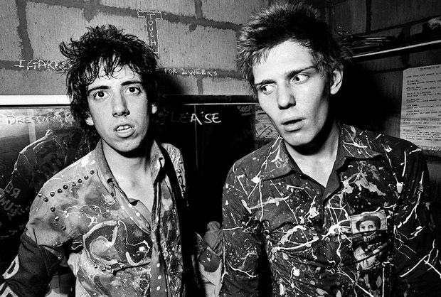 Mick Jones and Paul Simonon backstage in London, 1977.